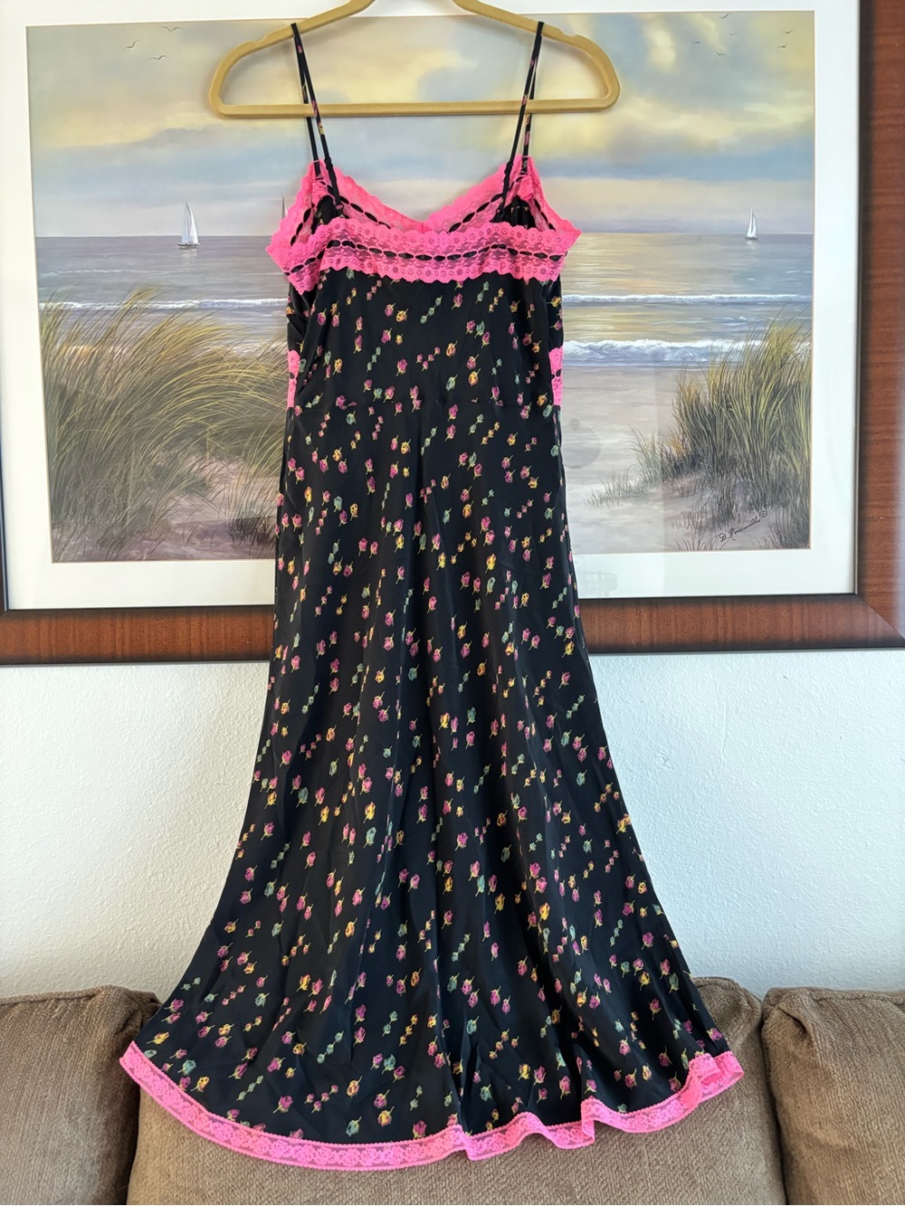 Vintage Betsey Johnson Y2K Silk Floral Maxi Gown Pink Lace Trim Size: 8 - Picture 13 of 15